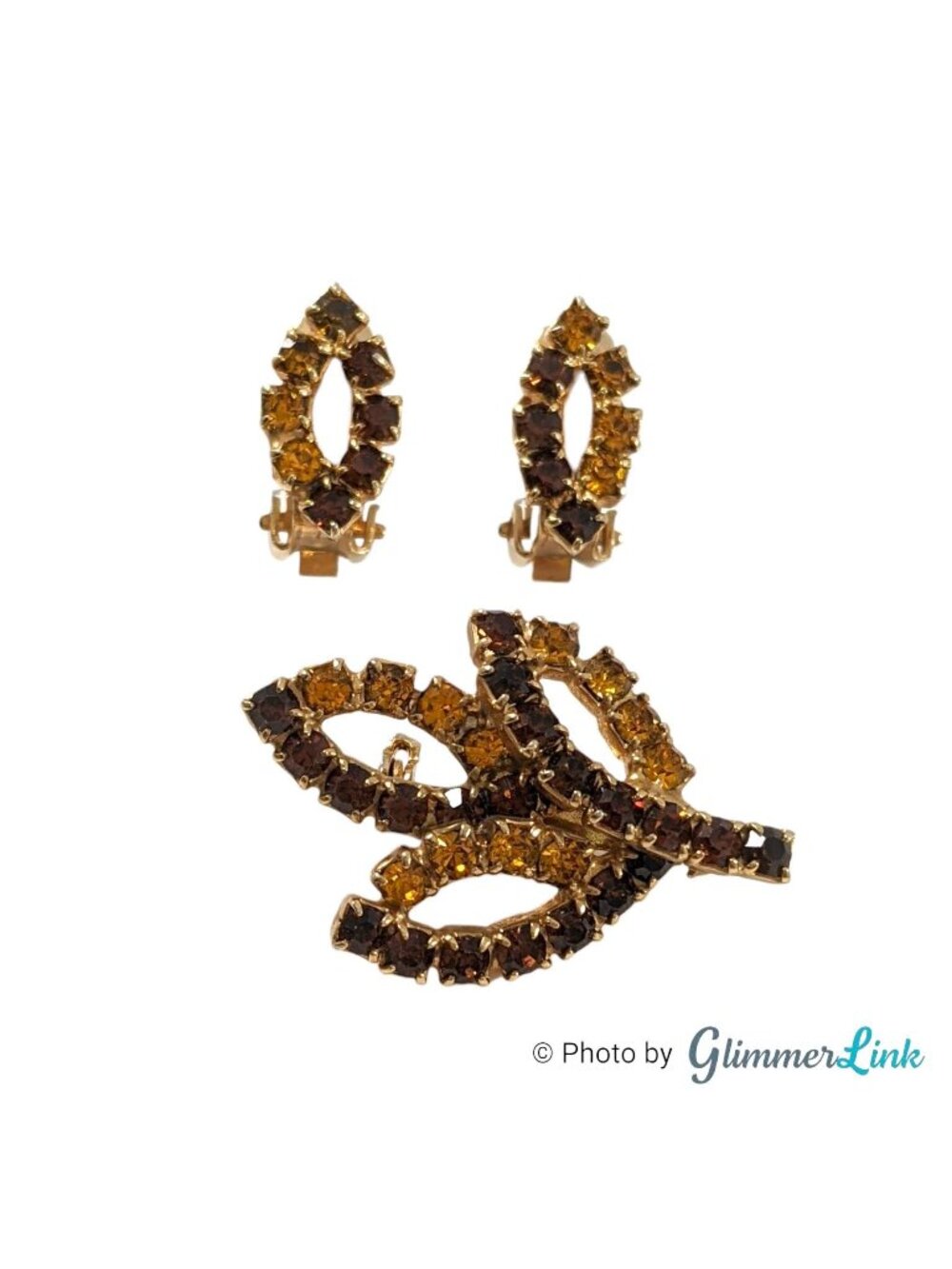 Vintage Brown Orange Rhinestone Leaf Brooch Clip On Earrings Set